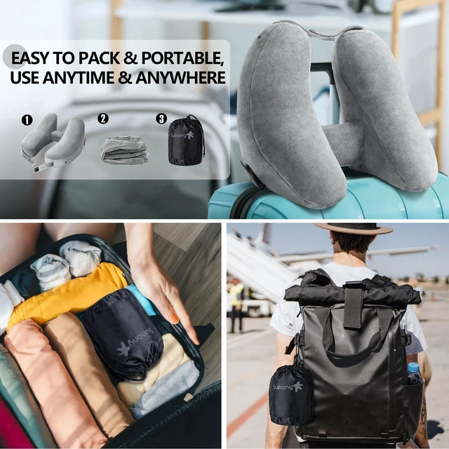 Alt view image 5 of 5 - Travel Neck Pillow for Airplane Pillow Comfortably Supports Head, Neck and Chin, Inflatable Travel Pillow with Soft Velour Cover and Portable Drawstring Bag (Grey, H-Shape)