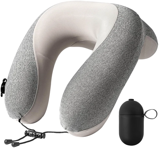 Main image of Inflatable Travel Neck Pillow for Airplane with Adjustable 360° Head & Neck Support, 2-in-1 Air Pump and Storage Bag, Soft Removable Washable Cover for Airplane, Train, Office (1, Gray)