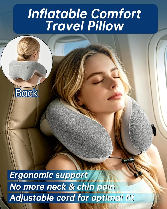 Alt view image 2 of 7 - Inflatable Travel Neck Pillow for Airplane with Adjustable 360° Head & Neck Support, 2-in-1 Air Pump and Storage Bag, Soft Removable Washable Cover for Airplane, Train, Office (1, Gray)