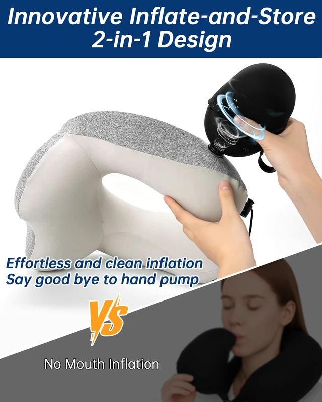 Alt view image 3 of 7 - Inflatable Travel Neck Pillow for Airplane with Adjustable 360° Head & Neck Support, 2-in-1 Air Pump and Storage Bag, Soft Removable Washable Cover for Airplane, Train, Office (1, Gray)