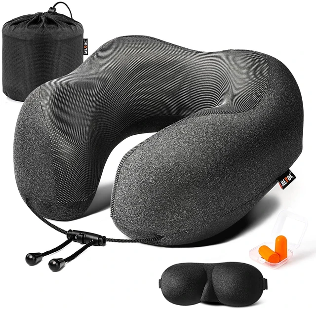 Main image of Airplane Travel Neck Pillow for Sleeping, 3D-Eye Mask & Earplugs Kit | 3-in-1 Compact Lightweight Travel Pillow Kit, Curved Neck & Chin Support, Rope Lock Fit, Pure Memory Foam, Car, Train Travel