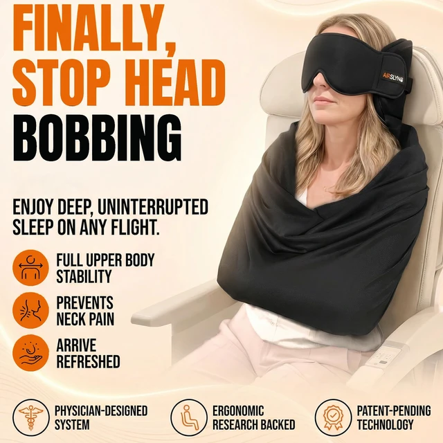Alt view image 2 of 7 - 3-in-1 Airplane Sleep Support System - Integrated Plane Sleeping Accessories with Memory Foam Long Haul Flight Pillow, Adjustable Travel Eye Mask, and Blanket-Like Body Sling - Fits in Carry On