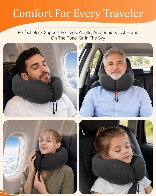 Alt view image 6 of 7 - Airplane Travel Neck Pillow for Sleeping, 3D-Eye Mask & Earplugs Kit | 3-in-1 Compact Lightweight Travel Pillow Kit, Curved Neck & Chin Support, Rope Lock Fit, Pure Memory Foam, Car, Train Travel