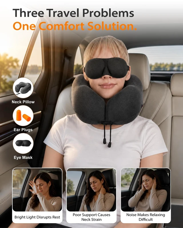 Alt view image 3 of 7 - Airplane Travel Neck Pillow for Sleeping, 3D-Eye Mask & Earplugs Kit | 3-in-1 Compact Lightweight Travel Pillow Kit, Curved Neck & Chin Support, Rope Lock Fit, Pure Memory Foam, Car, Train Travel