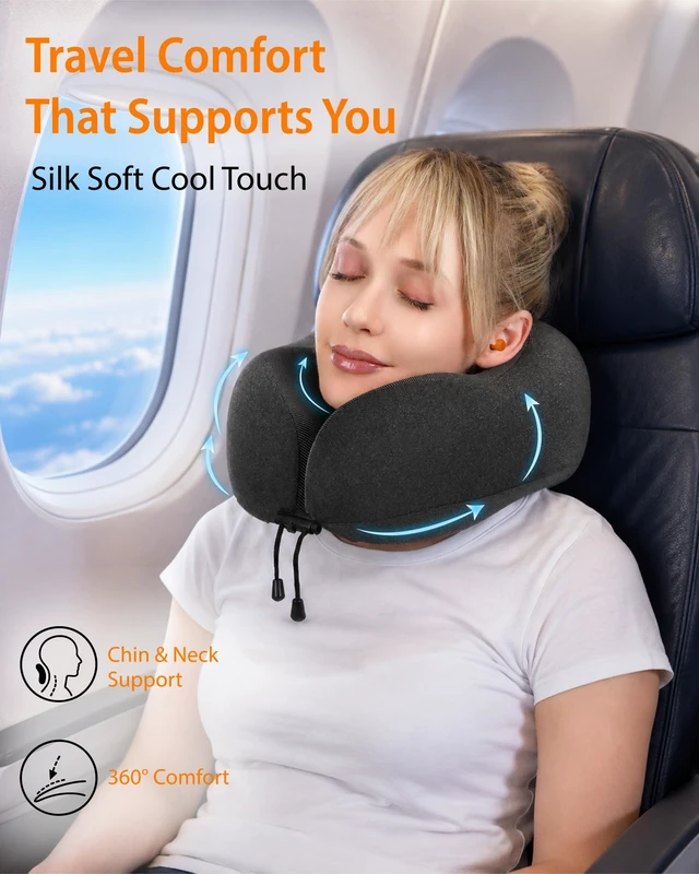 Alt view image 2 of 7 - Airplane Travel Neck Pillow for Sleeping, 3D-Eye Mask & Earplugs Kit | 3-in-1 Compact Lightweight Travel Pillow Kit, Curved Neck & Chin Support, Rope Lock Fit, Pure Memory Foam, Car, Train Travel