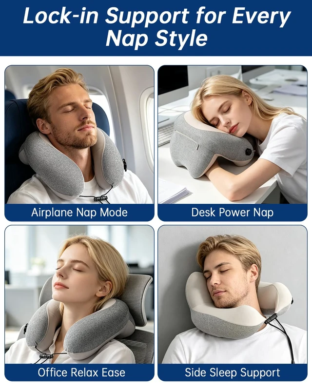 Alt view image 5 of 7 - Inflatable Travel Neck Pillow for Airplane with Adjustable 360° Head & Neck Support, 2-in-1 Air Pump and Storage Bag, Soft Removable Washable Cover for Airplane, Train, Office (1, Gray)