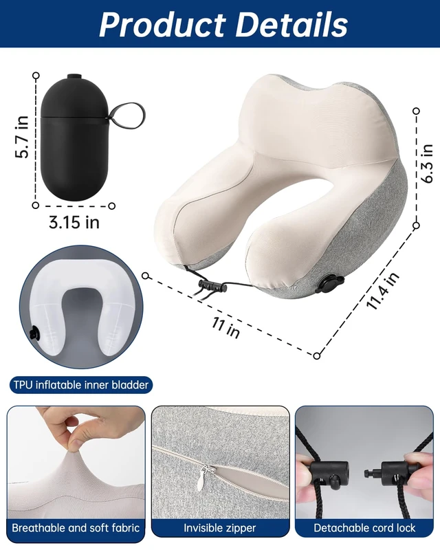 Alt view image 4 of 7 - Inflatable Travel Neck Pillow for Airplane with Adjustable 360° Head & Neck Support, 2-in-1 Air Pump and Storage Bag, Soft Removable Washable Cover for Airplane, Train, Office (1, Gray)