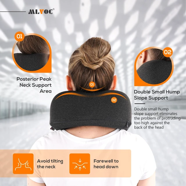 Alt view image 5 of 7 - Airplane Travel Neck Pillow for Sleeping, 3D-Eye Mask & Earplugs Kit | 3-in-1 Compact Lightweight Travel Pillow Kit, Curved Neck & Chin Support, Rope Lock Fit, Pure Memory Foam, Car, Train Travel