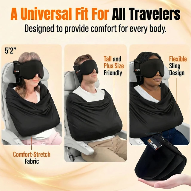 Alt view image 4 of 7 - 3-in-1 Airplane Sleep Support System - Integrated Plane Sleeping Accessories with Memory Foam Long Haul Flight Pillow, Adjustable Travel Eye Mask, and Blanket-Like Body Sling - Fits in Carry On