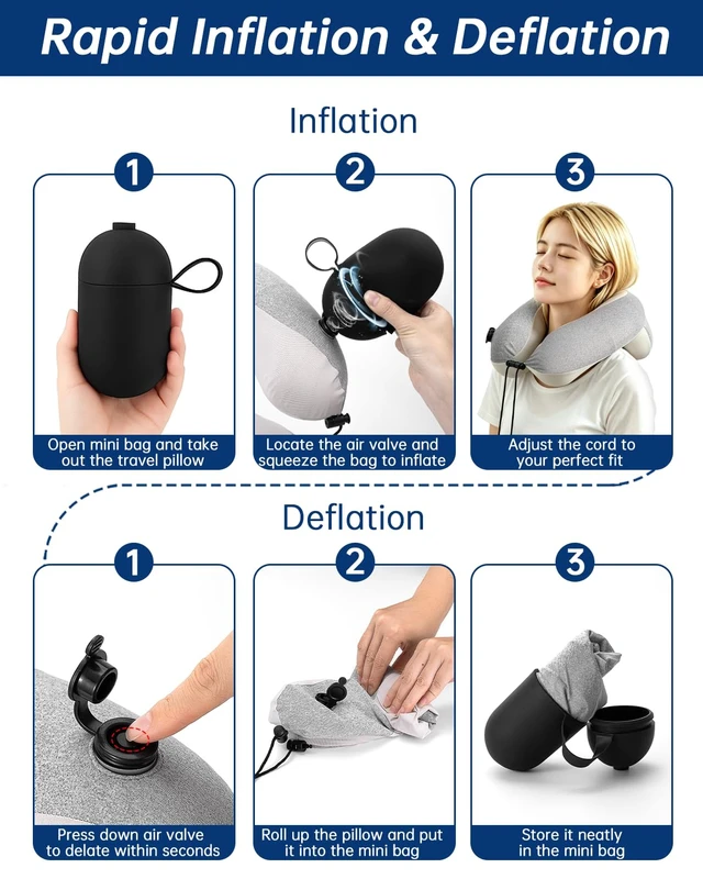 Alt view image 6 of 7 - Inflatable Travel Neck Pillow for Airplane with Adjustable 360° Head & Neck Support, 2-in-1 Air Pump and Storage Bag, Soft Removable Washable Cover for Airplane, Train, Office (1, Gray)