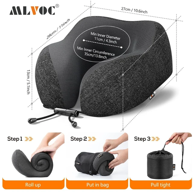 Alt view image 7 of 7 - Airplane Travel Neck Pillow for Sleeping, 3D-Eye Mask & Earplugs Kit | 3-in-1 Compact Lightweight Travel Pillow Kit, Curved Neck & Chin Support, Rope Lock Fit, Pure Memory Foam, Car, Train Travel