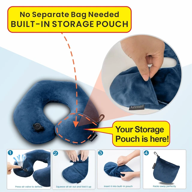 Alt view image 2 of 7 - Inflatable Neck & Shoulder Travel Pillow for Airplane Naps | Portable Foldable Neck & Back Support with Adjustable Firmness, Headrest for Long Flights & Travel Sleep, Deep Blue