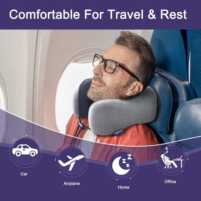 Alt view image 3 of 7 - Neck Pillow for Traveling, Upgraded Travel Neck Pillow for Airplane 100% Pure Memory Foam Travel Pillow for Flight Headrest Sleep, Portable Plane Accessories, Light Grey