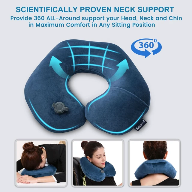 Alt view image 5 of 7 - Inflatable Neck & Shoulder Travel Pillow for Airplane Naps | Portable Foldable Neck & Back Support with Adjustable Firmness, Headrest for Long Flights & Travel Sleep, Deep Blue