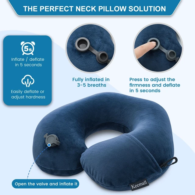 Alt view image 3 of 7 - Inflatable Neck & Shoulder Travel Pillow for Airplane Naps | Portable Foldable Neck & Back Support with Adjustable Firmness, Headrest for Long Flights & Travel Sleep, Deep Blue