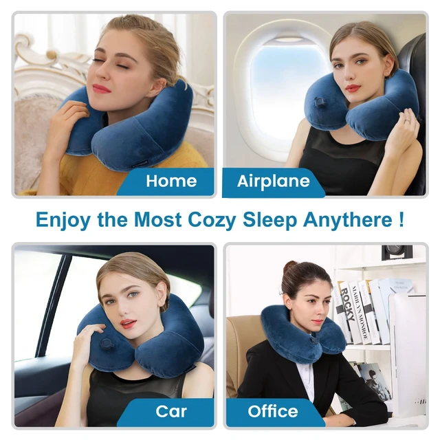Alt view image 6 of 7 - Inflatable Neck & Shoulder Travel Pillow for Airplane Naps | Portable Foldable Neck & Back Support with Adjustable Firmness, Headrest for Long Flights & Travel Sleep, Deep Blue