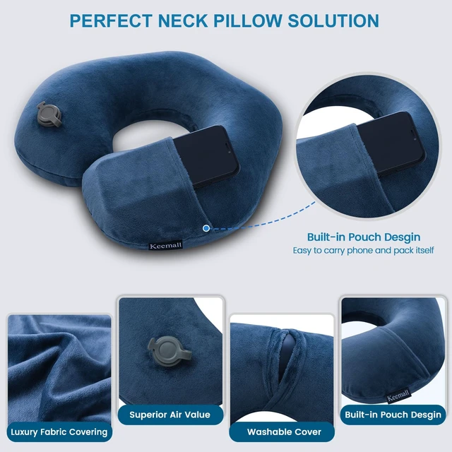 Alt view image 4 of 7 - Inflatable Neck & Shoulder Travel Pillow for Airplane Naps | Portable Foldable Neck & Back Support with Adjustable Firmness, Headrest for Long Flights & Travel Sleep, Deep Blue