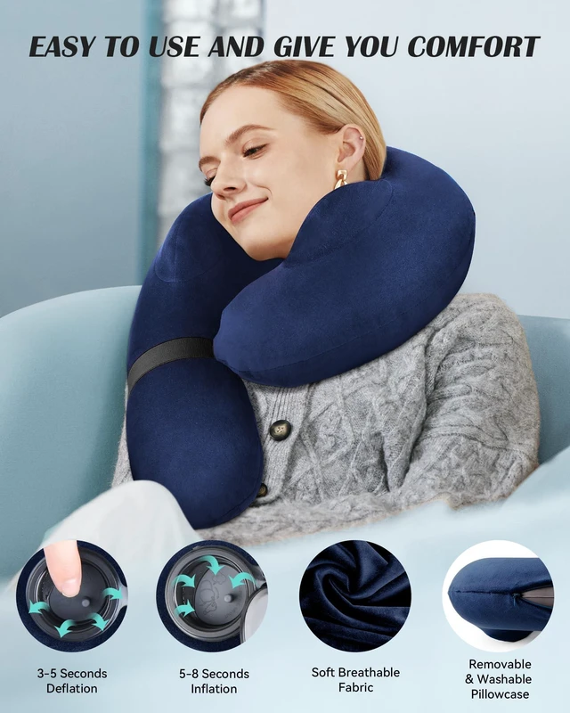 Alt view image 2 of 7 - Patented Design Inflatable Travel Neck Pillow Airplane Neck Pillow with 360° Head & Neck Support, Soft Washable Velvet Cover, Compact Neck Support Pillow for Airplane,Train,Car,Office & Home (Blue)
