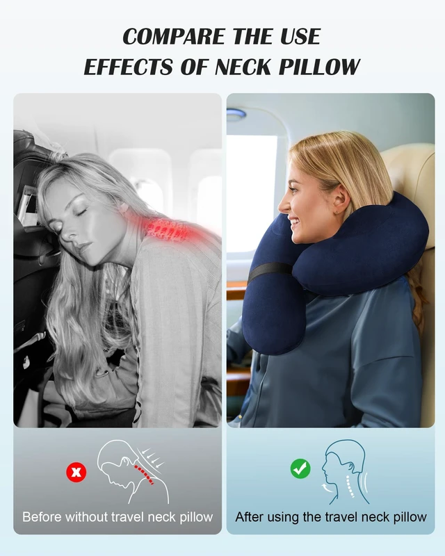 Alt view image 4 of 7 - Patented Design Inflatable Travel Neck Pillow Airplane Neck Pillow with 360° Head & Neck Support, Soft Washable Velvet Cover, Compact Neck Support Pillow for Airplane,Train,Car,Office & Home (Blue)