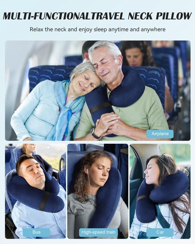 Alt view image 5 of 7 - Patented Design Inflatable Travel Neck Pillow Airplane Neck Pillow with 360° Head & Neck Support, Soft Washable Velvet Cover, Compact Neck Support Pillow for Airplane,Train,Car,Office & Home (Blue)