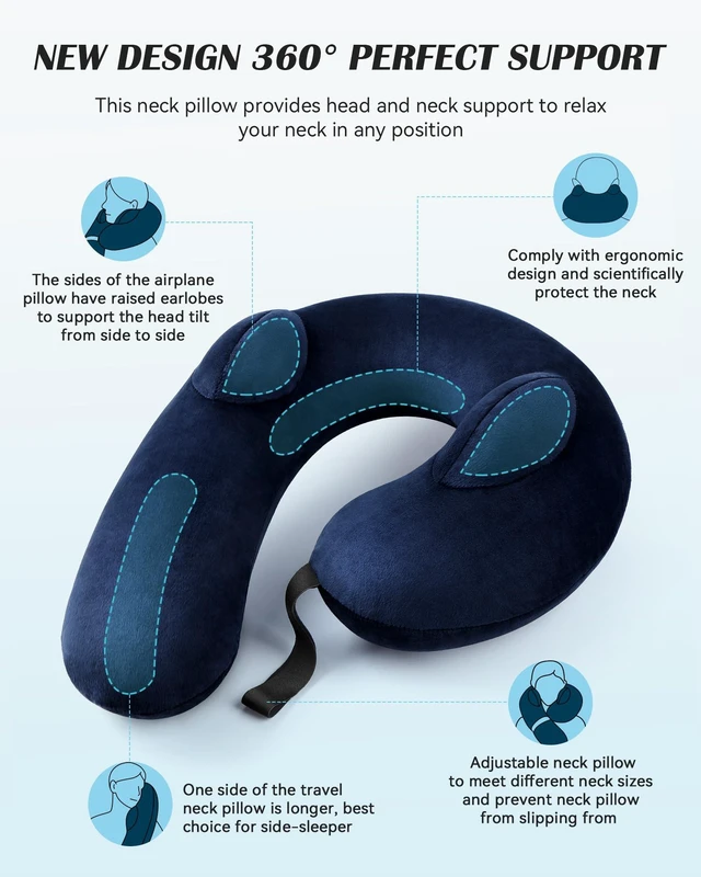 Alt view image 3 of 7 - Patented Design Inflatable Travel Neck Pillow Airplane Neck Pillow with 360° Head & Neck Support, Soft Washable Velvet Cover, Compact Neck Support Pillow for Airplane,Train,Car,Office & Home (Blue)