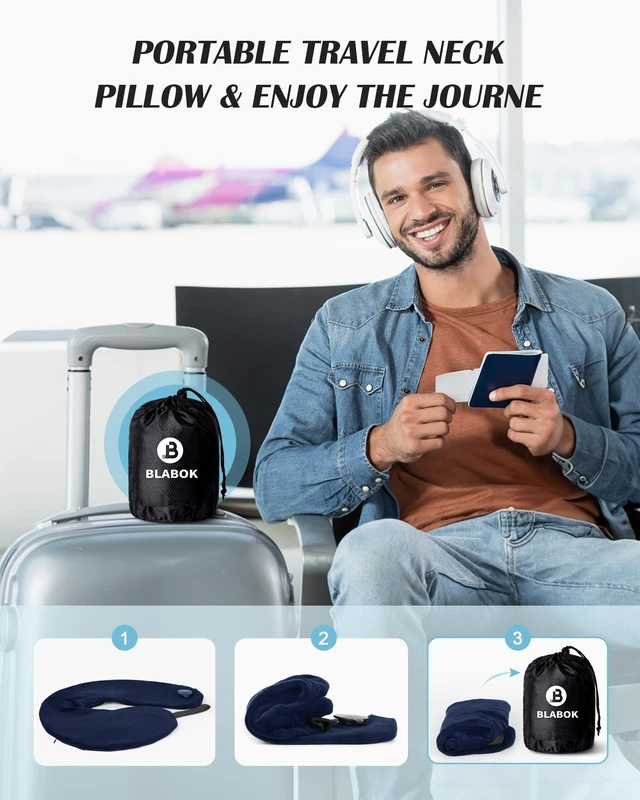 Alt view image 7 of 7 - Patented Design Inflatable Travel Neck Pillow Airplane Neck Pillow with 360° Head & Neck Support, Soft Washable Velvet Cover, Compact Neck Support Pillow for Airplane,Train,Car,Office & Home (Blue)