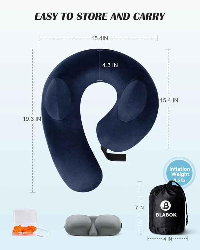 Alt view image 6 of 7 - Patented Design Inflatable Travel Neck Pillow Airplane Neck Pillow with 360° Head & Neck Support, Soft Washable Velvet Cover, Compact Neck Support Pillow for Airplane,Train,Car,Office & Home (Blue)