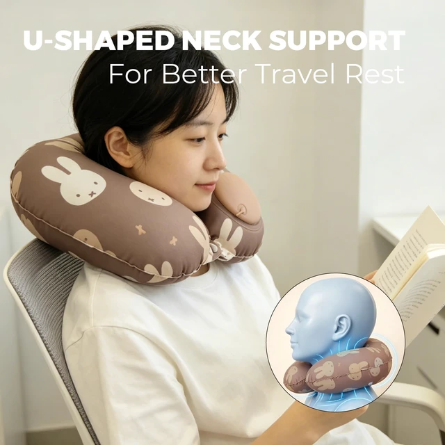 Alt view image 4 of 7 - Miffy 2 Pack Travel Pillow Inflatable, Adjustable Neck Air Pillow for Flying, Blow Up Traveling Accessories, Lightweight Neck Support for Airplane Flight, (Light Beige+Dark Coffee Color)