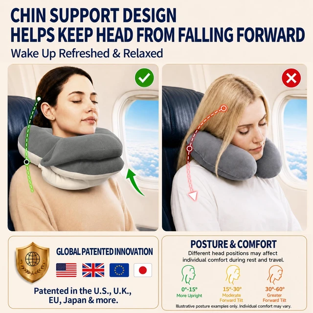 Alt view image 3 of 6 - Travel Neck Pillows for Airplanes, Memory Foam 360° Head Support Sleep for Long Flight, Skin-Friendly & Breathable, Kit with Eye Mask, Earplugs and Storage Bag (Adult, Grey, 90+ lbs)