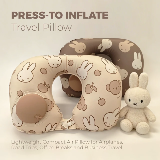 Alt view image 2 of 7 - Miffy 2 Pack Travel Pillow Inflatable, Adjustable Neck Air Pillow for Flying, Blow Up Traveling Accessories, Lightweight Neck Support for Airplane Flight, (Light Beige+Dark Coffee Color)