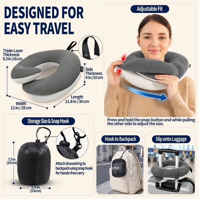 Alt view image 5 of 6 - Travel Neck Pillows for Airplanes, Memory Foam 360° Head Support Sleep for Long Flight, Skin-Friendly & Breathable, Kit with Eye Mask, Earplugs and Storage Bag (Adult, Grey, 90+ lbs)