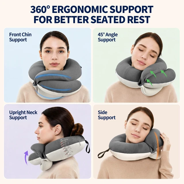 Alt view image 2 of 6 - Travel Neck Pillows for Airplanes, Memory Foam 360° Head Support Sleep for Long Flight, Skin-Friendly & Breathable, Kit with Eye Mask, Earplugs and Storage Bag (Adult, Grey, 90+ lbs)