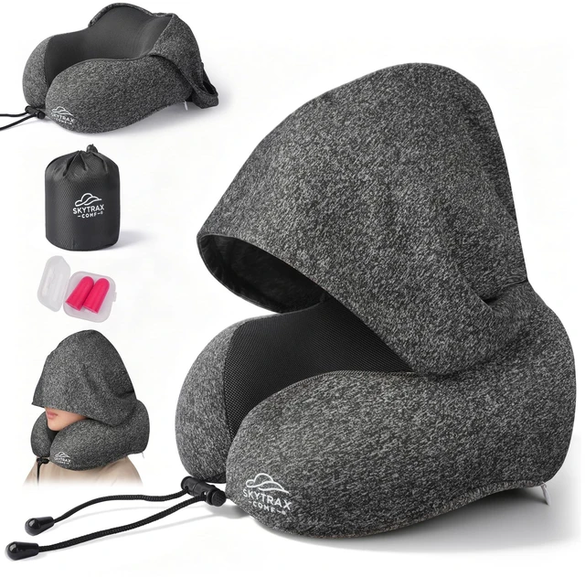 Main image of Travel Neck Pillow with Hood for Privacy on Long Flights | Memory Foam | Airplane Sleep | Safety-Tested Materials | Extra Large Hood | Chin Support | Earplugs | Washable Cover