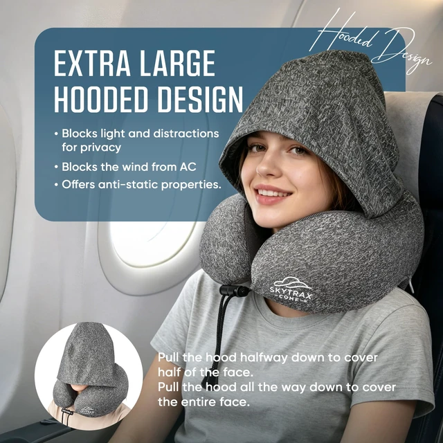 Alt view image 2 of 7 - Travel Neck Pillow with Hood for Privacy on Long Flights | Memory Foam | Airplane Sleep | Safety-Tested Materials | Extra Large Hood | Chin Support | Earplugs | Washable Cover