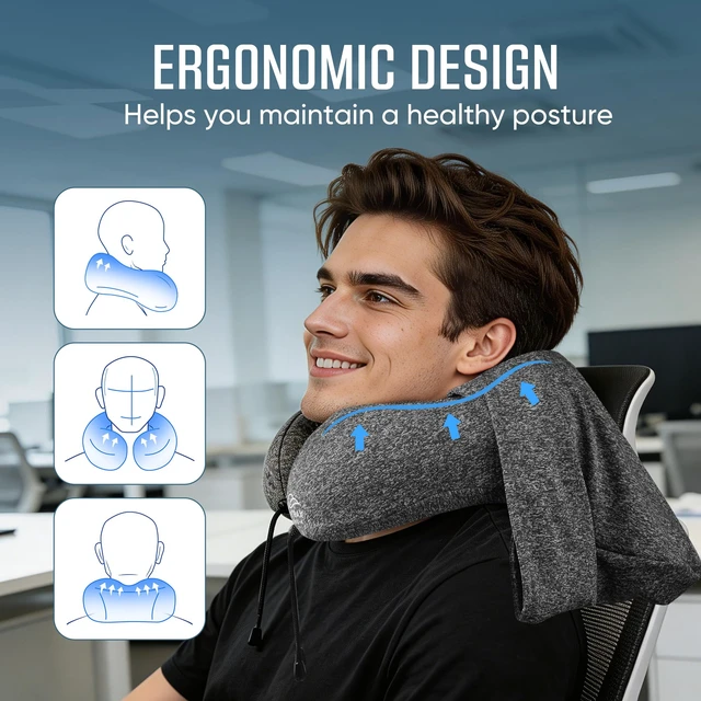 Alt view image 3 of 7 - Travel Neck Pillow with Hood for Privacy on Long Flights | Memory Foam | Airplane Sleep | Safety-Tested Materials | Extra Large Hood | Chin Support | Earplugs | Washable Cover