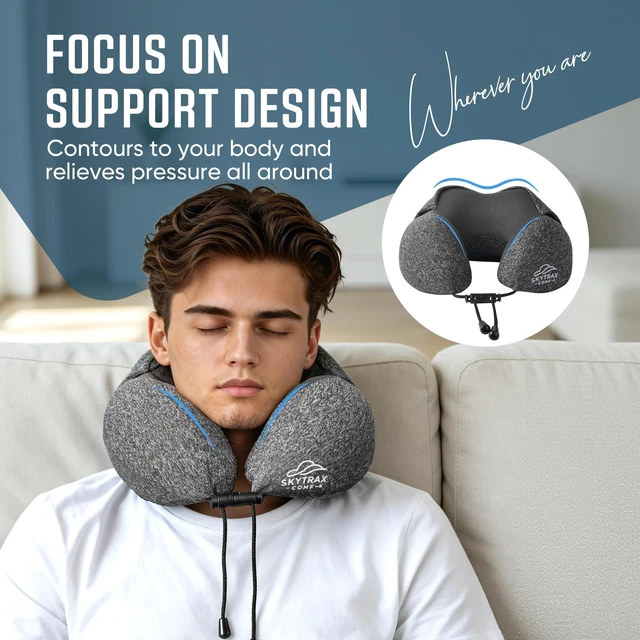 Alt view image 4 of 7 - Travel Neck Pillow with Hood for Privacy on Long Flights | Memory Foam | Airplane Sleep | Safety-Tested Materials | Extra Large Hood | Chin Support | Earplugs | Washable Cover