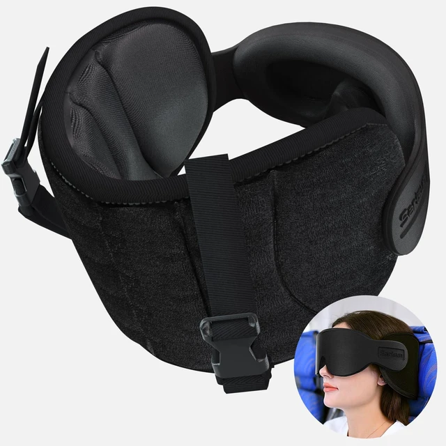 Main image of Travel Pillows for Airplanes, Stable Head Support, Travel Essential | Airplane Pillow with 3D Eye Mask, Seat Strap Secures to Headrest, Stop Bobblehead, for Long Flight Road Trip Sleeping, Black