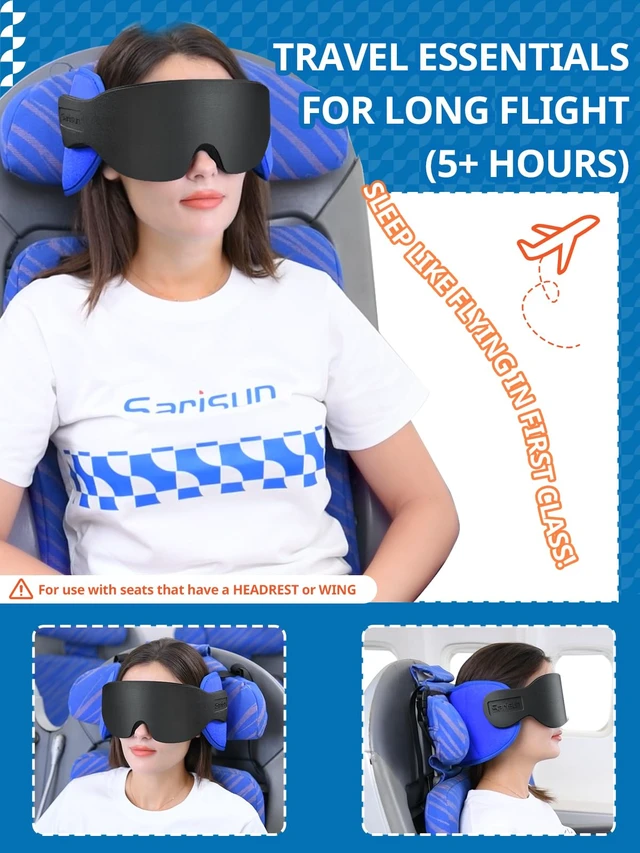 Alt view image 2 of 7 - Travel Pillows for Airplanes, Stable Head Support, Travel Essential | Airplane Pillow with 3D Eye Mask, Seat Strap Secures to Headrest, Stop Bobblehead, for Long Flight Road Trip Sleeping, Black