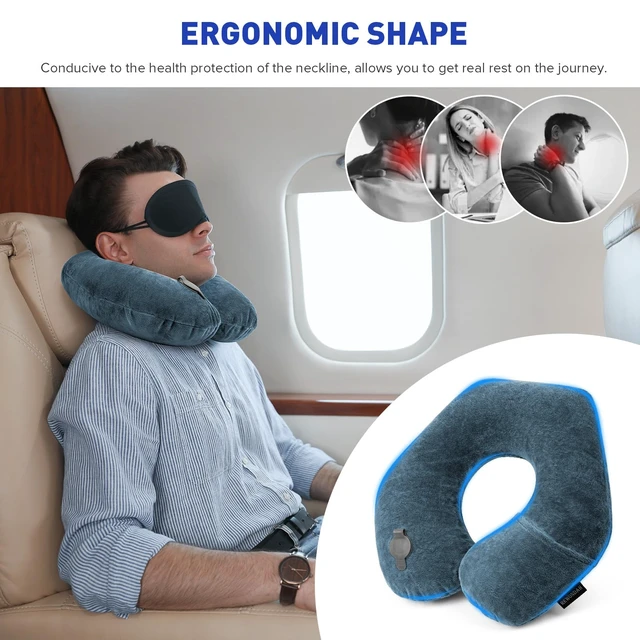 Alt view image 2 of 7 - Neck Pillows for Travel, Inflatable Travel Pillow, Inflatable Neck Pillow for Traveling Airplane with Soft Velour Washable Cover, U Shape Blow Up Neck Pillow for Airplanes Train Car Travel