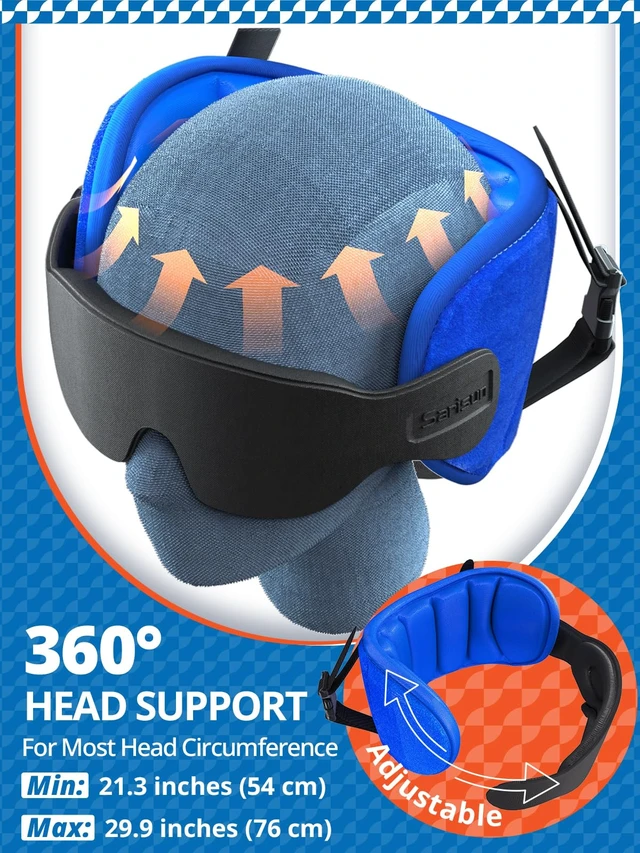 Alt view image 5 of 7 - Travel Pillows for Airplanes, Stable Head Support, Travel Essential | Airplane Pillow with 3D Eye Mask, Seat Strap Secures to Headrest, Stop Bobblehead, for Long Flight Road Trip Sleeping, Black