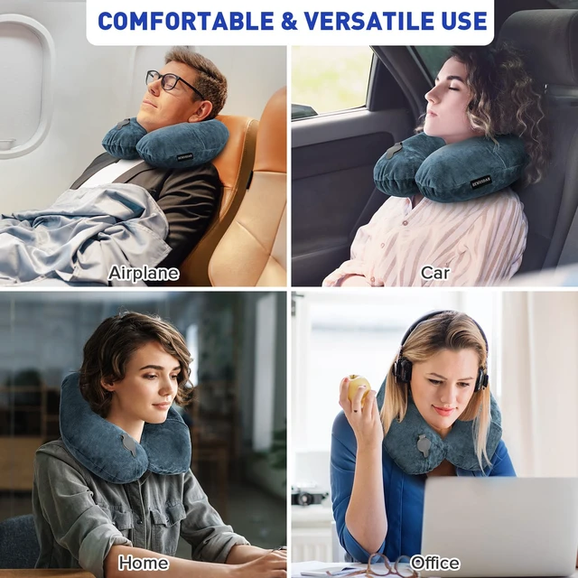 Alt view image 3 of 7 - Neck Pillows for Travel, Inflatable Travel Pillow, Inflatable Neck Pillow for Traveling Airplane with Soft Velour Washable Cover, U Shape Blow Up Neck Pillow for Airplanes Train Car Travel