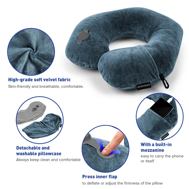 Alt view image 4 of 7 - Neck Pillows for Travel, Inflatable Travel Pillow, Inflatable Neck Pillow for Traveling Airplane with Soft Velour Washable Cover, U Shape Blow Up Neck Pillow for Airplanes Train Car Travel