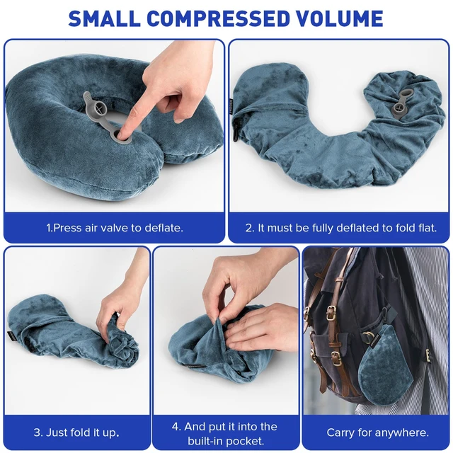 Alt view image 6 of 7 - Neck Pillows for Travel, Inflatable Travel Pillow, Inflatable Neck Pillow for Traveling Airplane with Soft Velour Washable Cover, U Shape Blow Up Neck Pillow for Airplanes Train Car Travel