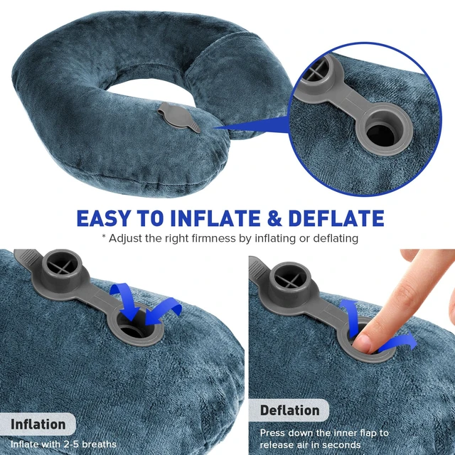 Alt view image 5 of 7 - Neck Pillows for Travel, Inflatable Travel Pillow, Inflatable Neck Pillow for Traveling Airplane with Soft Velour Washable Cover, U Shape Blow Up Neck Pillow for Airplanes Train Car Travel