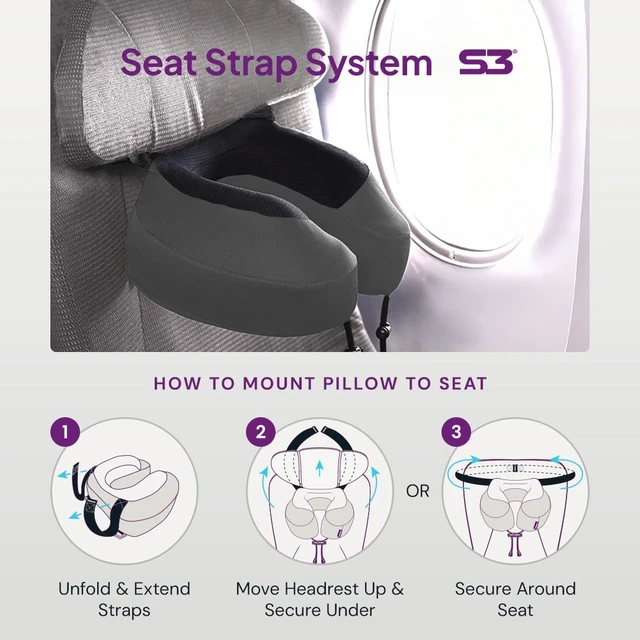 Alt view image 4 of 7 - Evolution S3 Travel Pillow - Memory Foam Neck Pillow for Airplane and Long Flights with Seat Straps for Head and Neck Support, 360 Degree Support (Steel Grey)