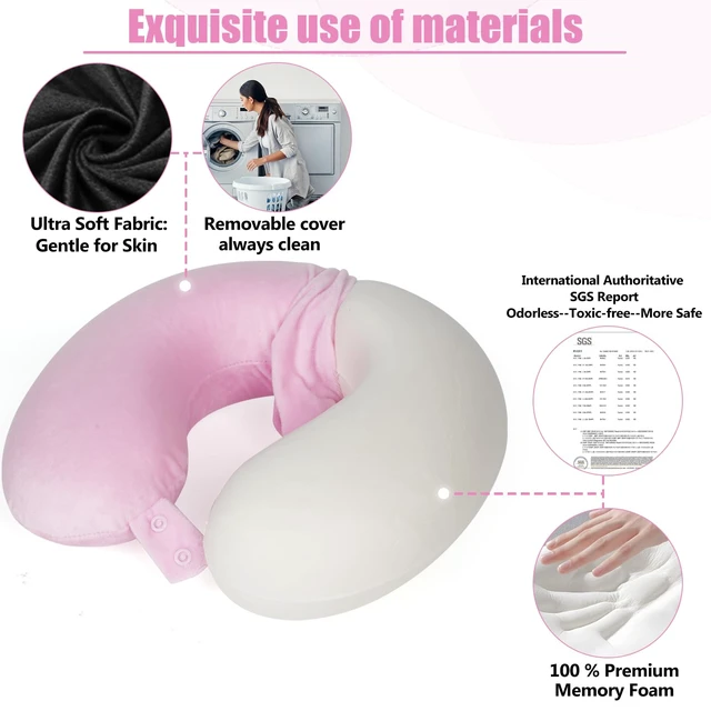 Alt view image 4 of 6 - Travel Neck Pillow 100% Pure Memory Foam Airplane Pillow for Head Support,Soft Adjustable Pillow for Plane, Car & Home Recliner (Pink)