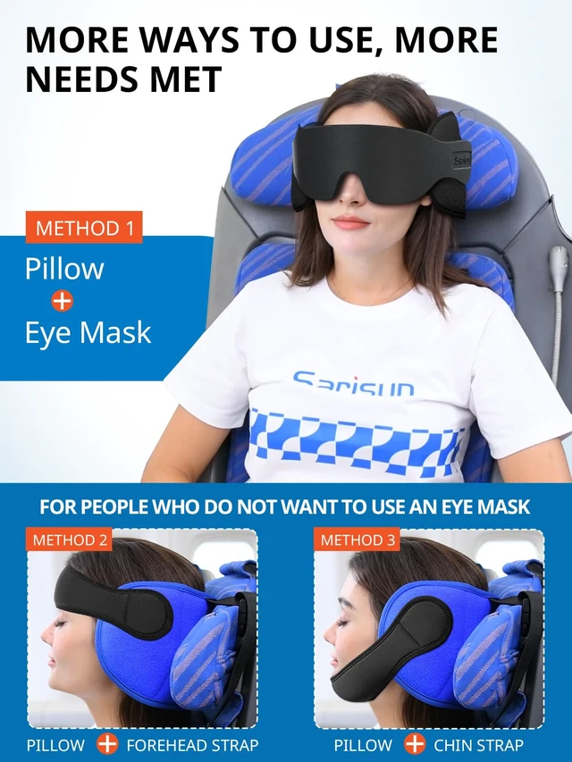 Alt view image 2 of 7 - Airplane Travel Pillow with Chin Strap, Stable Head Support, Black | Extra Chin Support, Secures to Seat Headrest, Airplane Sleep Without Head Bobbing, 360° Support Plane Pillow for Long Flight
