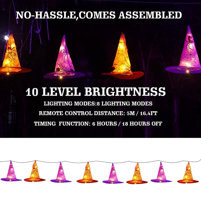 Alt view image 2 of 7 - Halloween Decoration Lights, 8 PCS Waterproof Hanging Witch Hat with String Lights with Remote, Hanging Halloween Decorations for Indoor Outdoor Garden Yard Party Decor