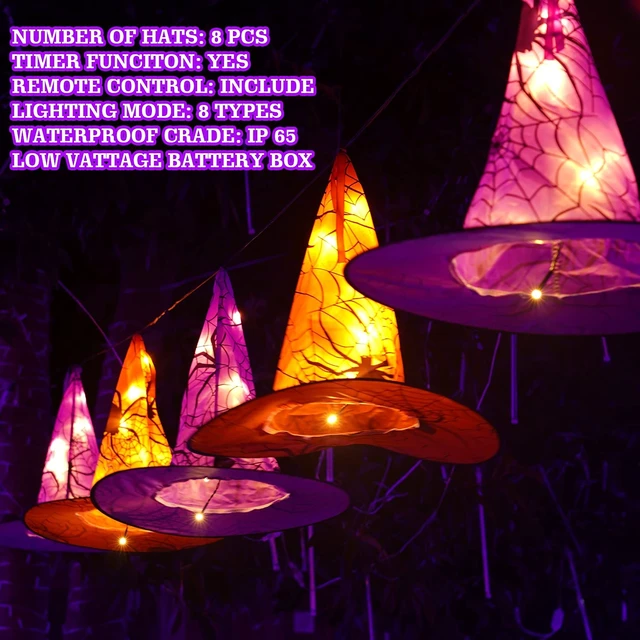 Alt view image 3 of 7 - Halloween Decoration Lights, 8 PCS Waterproof Hanging Witch Hat with String Lights with Remote, Hanging Halloween Decorations for Indoor Outdoor Garden Yard Party Decor