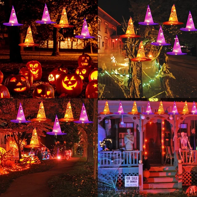 Alt view image 5 of 7 - Halloween Decoration Lights, 8 PCS Waterproof Hanging Witch Hat with String Lights with Remote, Hanging Halloween Decorations for Indoor Outdoor Garden Yard Party Decor